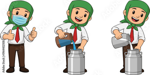 Milkman Character Collection with Dairy Worker Pouring Milk Wearing Mask and Traditional Uniform Cartoon Vector Illustration Set for Delivery and Farming