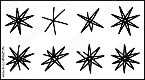 Eight Hand Drawn Starburst Shapes on White Background asterisk graphic