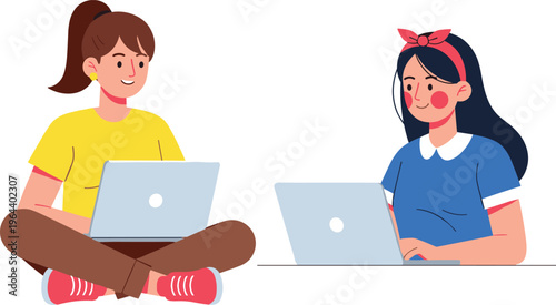 Young Women Using Laptop Set with Female Characters Working Online Studying and Freelancing from Home Cartoon Vector Illustration Collection