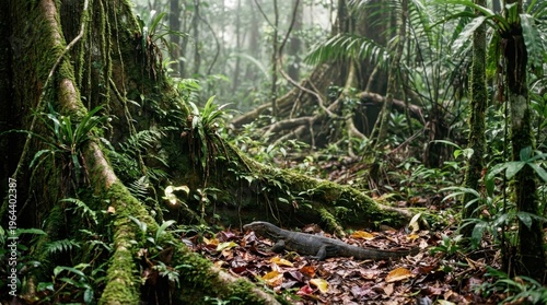 A dense Borneo rainforest floor photographed at ground level, giant buttress roots dominating the frame like organic walls, a cascade of epiphytes dripping from every horizontal surface, a monitor