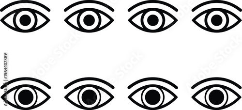 Eight Minimalist Eye Icons in Black and White on White Background vision sight