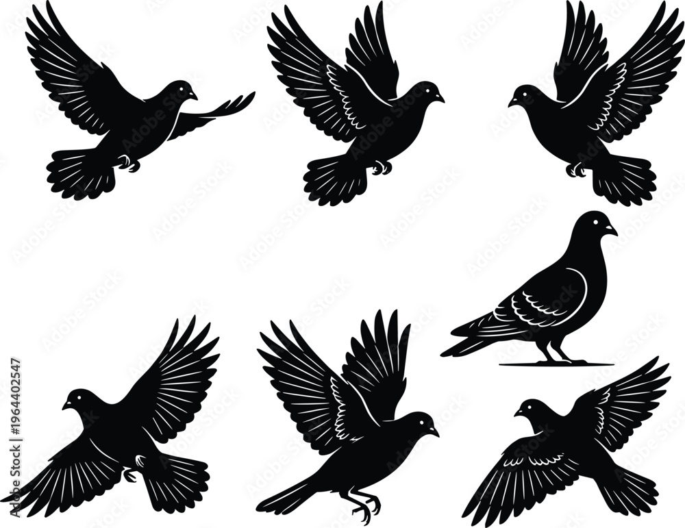 Fototapeta premium Collection of flying and standing pigeon silhouettes featuring detailed dove wings in flight for peace symbols nature wildlife urban bird life wedding celebrations