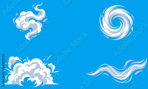White clouds swirl and move in different directions across a blue sky with various formations.