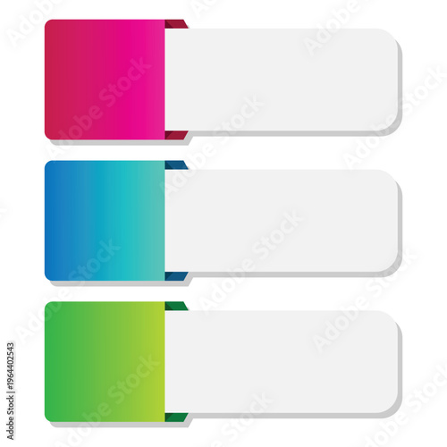 Set of three vibrant blank banner templates with colored tabs, ideal for text, titles, or web elements, vector illustration for presentations and promotions