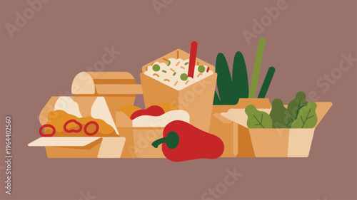 Various takeout food containers and bell pepper