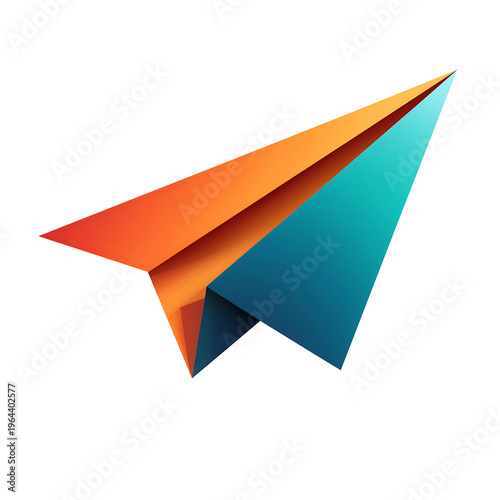 A colorful paper airplane soars through the air with vibrant orange and blue hues.