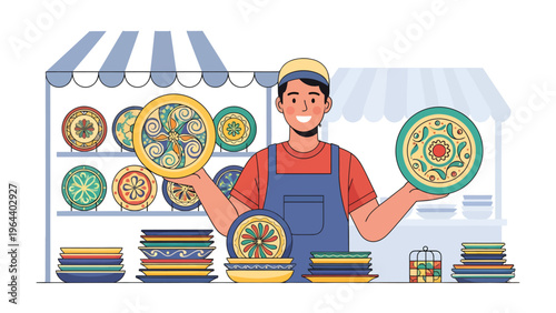 Artisan's Artistic Display: A skilled artisan proudly showcases intricately designed, colorful plates within his vibrant shop, embodying the essence of craftsmanship and cultural heritage.