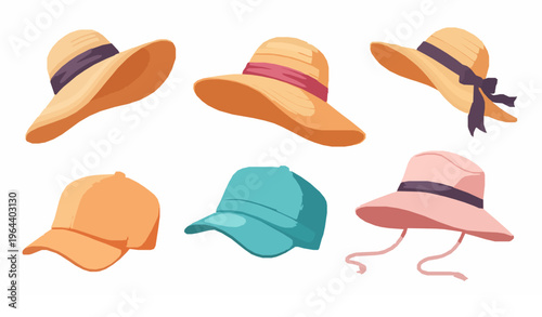 Summer hats cartoon icons beach sun cap fashion vector set