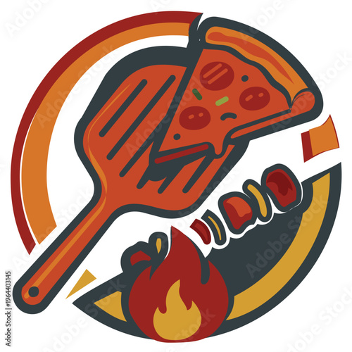 Hot Pizza and Grill Barbecue Logo Template with Spatula Flame and Meat Skewer for Restaurant Branding. 