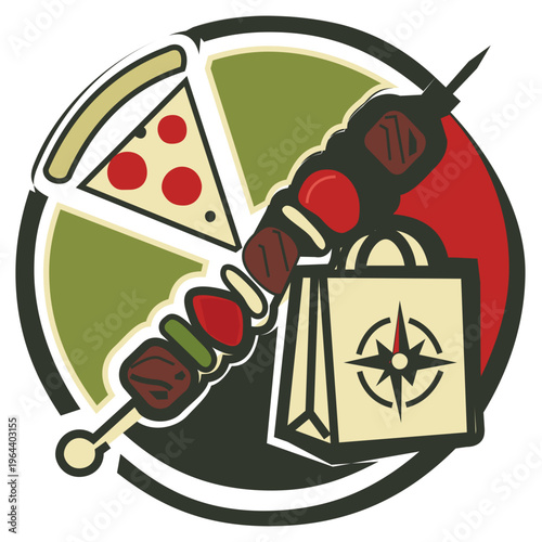 Fast Food Takeaway Service Logo with Pizza Shish Kebab and Delivery Paper Bag for Local Pizzeria. Comprehensive food delivery emblem featuring a slice of pepperoni pizza, a meat shish kebab skewer,