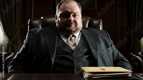 A portly politician in a suit represents corruption and bribery. This footage is perfect for concepts of greed, consumerism, and political power.