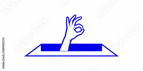 A hand making the ok gesture emerging from a blue rectangular prism