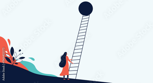 Woman looks up at a very tall ladder that reaches high into the sky towards a large black circle representing a goal or mystery.