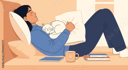Woman lies comfortably on her bed with a white cat curled up on her chest while books and a coffee mug sit nearby.