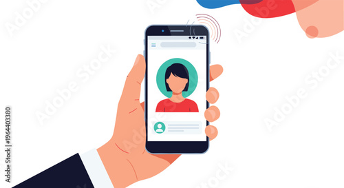 Person holds a smartphone in their hand displaying a female user profile with a circular avatar and basic information fields.