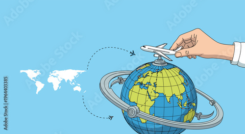 Hand carefully places a small white model airplane on top of a globe with orbital rings against a blue world map background.