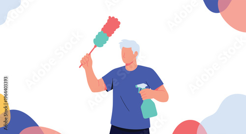 Man with white hair holds a colorful duster and a spray bottle as he prepares to clean his home against an abstract background.
