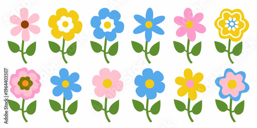 A collection of colorful stylized flowers with simple green stems