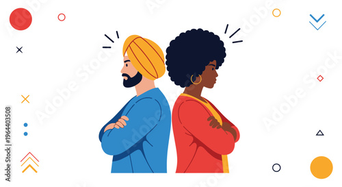 Man in a turban and a woman with an afro stand back to back with their arms crossed during a conflict or disagreement.