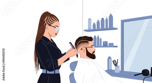 Professional female barber with long braids meticulously cuts a man's hair in a modern barbershop with shelves of products.