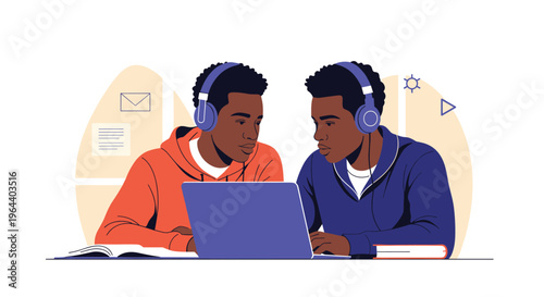 Two young men wearing headphones and focusing on a laptop computer while studying together at a desk in a modern room.