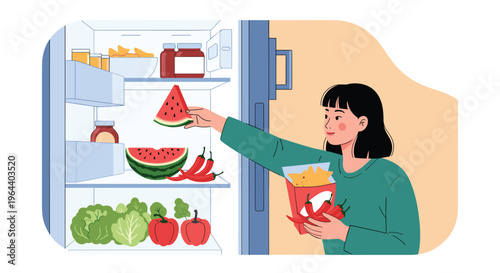 Young woman reaching into a well-stocked refrigerator to take a fresh slice of watermelon in a bright kitchen setting.
