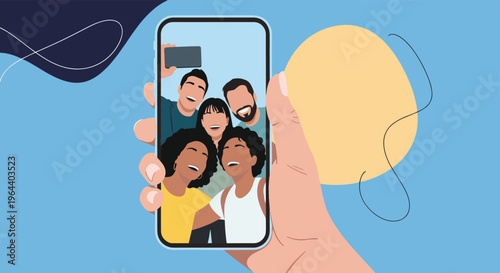 Hand holding a modern smartphone displaying a group of diverse friends taking a happy selfie together in the sunlight.