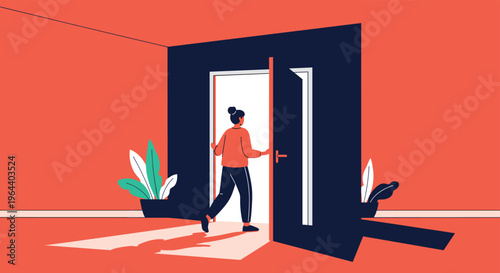 Woman walking through an open doorway into a bright white light from a dark room with green plants on either side.