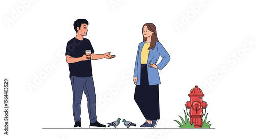 Man and woman having a friendly conversation on a city sidewalk next to a red fire hydrant with pigeons on the ground.