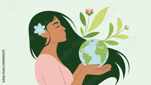 Woman holding Earth globe with plants illustration