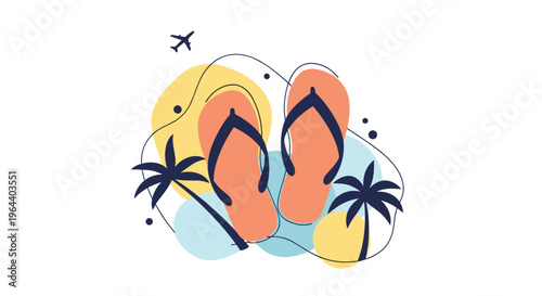 Pair of orange flip flops on an abstract beach background with navy blue palm trees and soft colored geometric shapes.