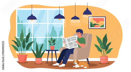 Young man sitting in a comfortable armchair reading a newspaper in a cozy living room decorated with many green plants.
