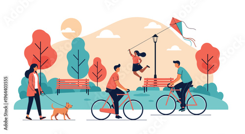 People enjoying various outdoor activities like cycling and walking a dog in a beautiful public park during sunset.