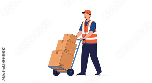 Delivery worker in an orange safety vest and cap pushing a hand truck loaded with heavy brown cardboard boxes.