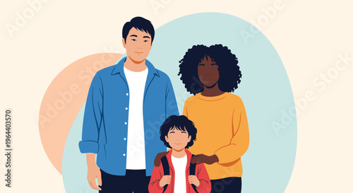 Happy diverse family portrait featuring a man, a woman, and their young child against a soft colored abstract background.