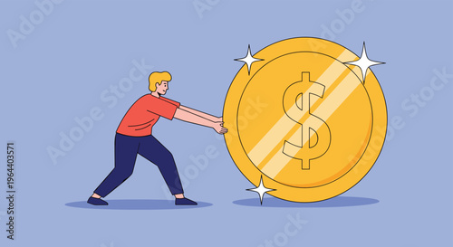 Determined man pushing a giant gold dollar coin across a blue background representing financial goals and wealth building.