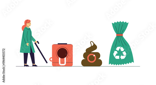 Blind woman walking with a white cane past various objects including a speaker and a green recycling bag on a white background.