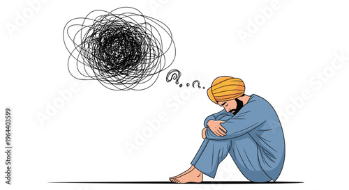 Man wearing an orange turban sitting with his head down while a messy scribble bubble represents his confused thoughts.