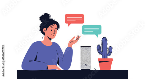Young woman interacting with a voice controlled smart speaker assistant at a desk with speech bubbles representing communication.