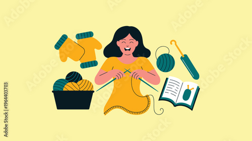 Woman knitting yarn crafts hobby flat illustration