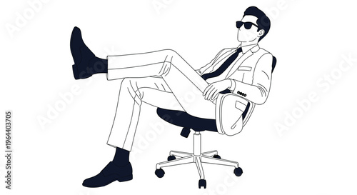 Cool businessman wearing sunglasses sitting in an office chair with his feet up in a relaxed and confident pose for a break time.