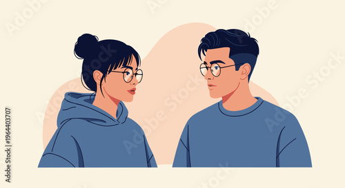 Young man and woman wearing glasses and hoodies looking at each other with serious expressions in a flat vector portrait scene.