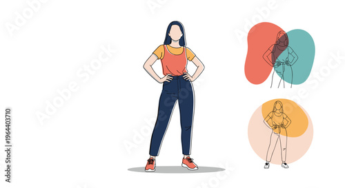 Woman standing confidently in a stylish outfit with two abstract colorful shadow figures behind her representing personality facets.