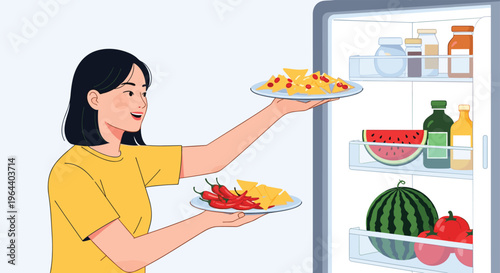 Smiling young woman taking plates of nachos and peppers from a refrigerator filled with fresh fruits and healthy vegetables.