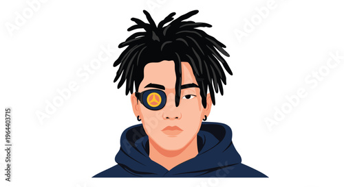 Portrait of a young man with dreadlocks wearing a high-tech electronic eyepatch representing futuristic technology or cyberpunk style.