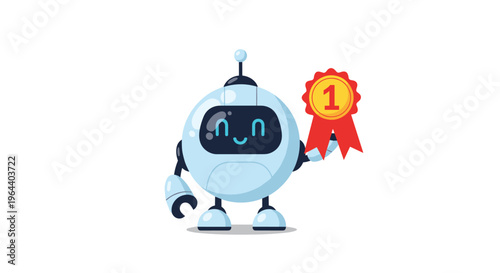 Cute white robot character holding up a red and gold first place ribbon award celebrating victory or a technological achievement.