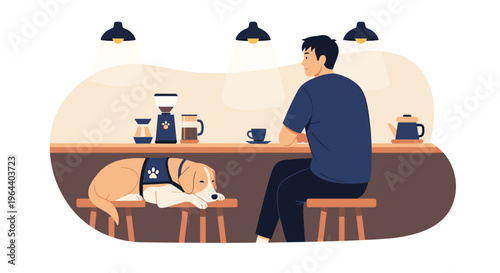 Man sitting at a coffee shop counter with his service dog resting on a stool beside him in a cozy and warm indoor setting scene.