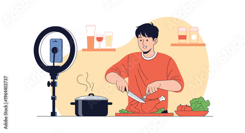Young man cooking a whole chicken in a kitchen while recording a video for social media with a smartphone and a ring light setup.