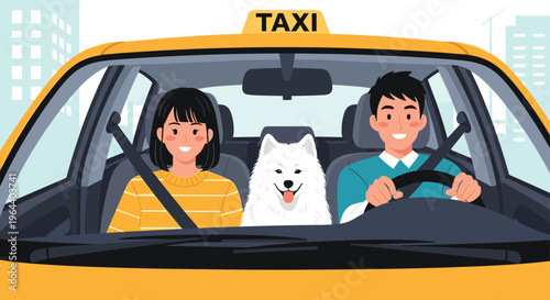 Happy young man and woman sitting in the front and back of a yellow taxi car with their white dog sitting between them on the seat.