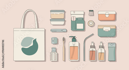 Assorted zero waste and eco-friendly products including a tote bag, glass jars, bamboo toothbrush, and reusable metal straws.